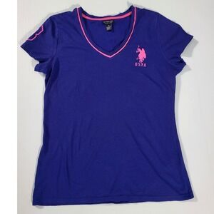 US Polo Assn V-Neck T-Shirt USPA Logo Short Sleeve Top Purple Size M